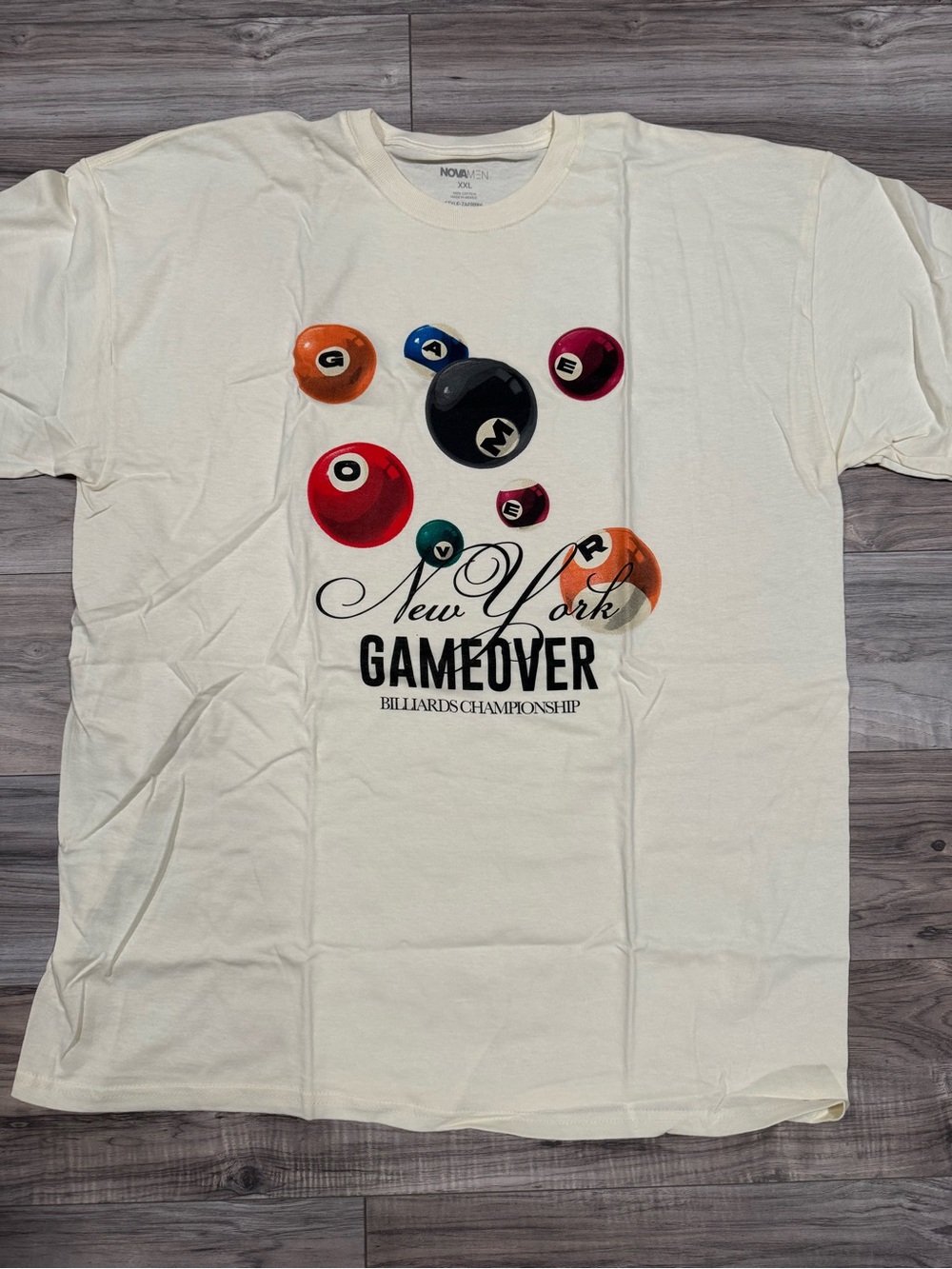 Fashion Nova Cream Billiards Graphic Tee with Multicolor Balls